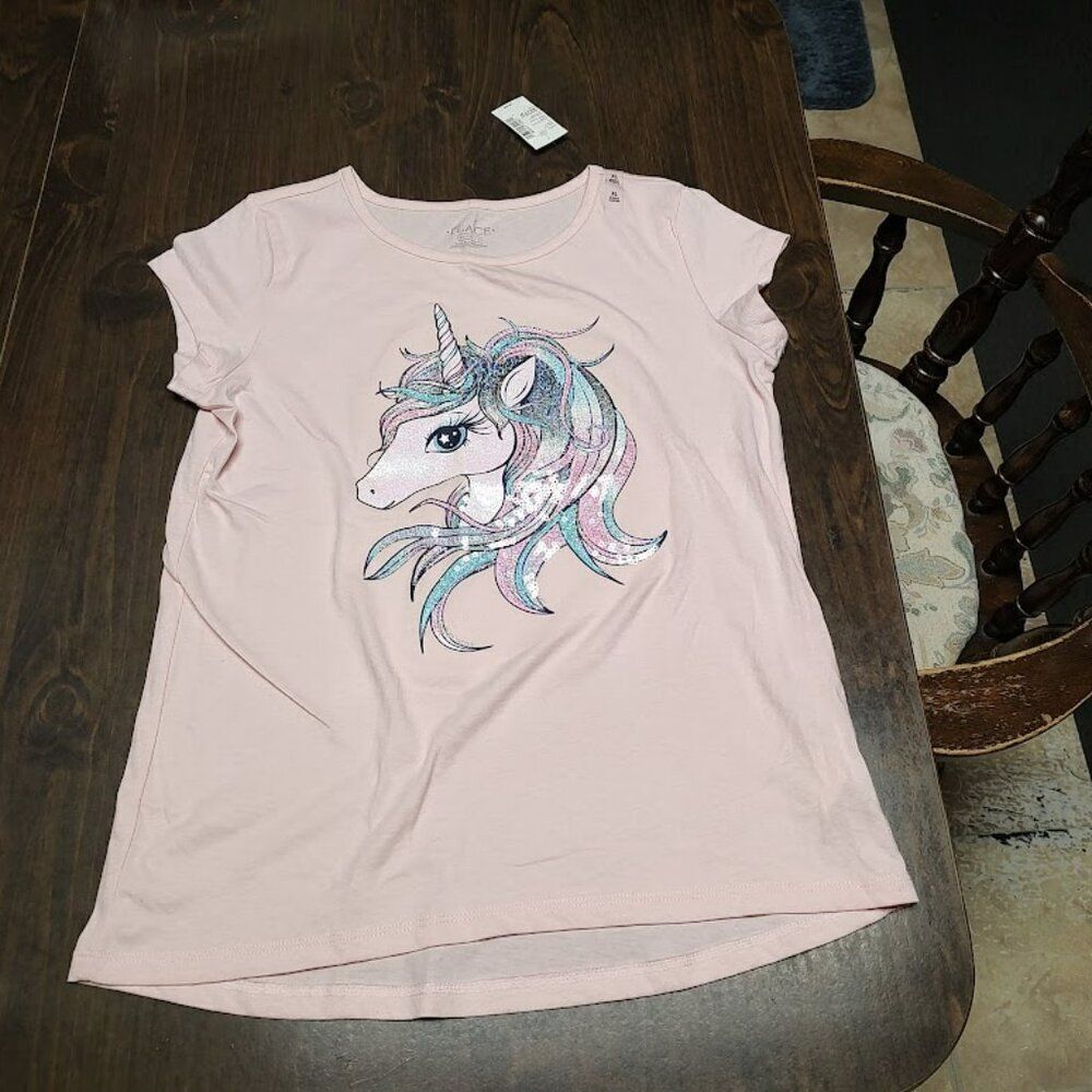 New The Children's Place Pink Glittery Unicorn  Shirt Size Girl's XL 14